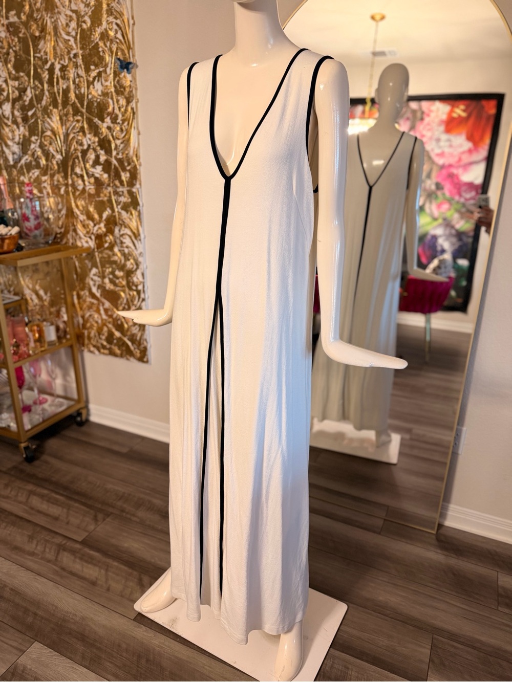 Anthropologie White Maxi Dress with Black Trim